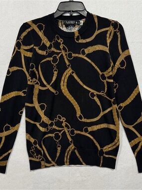 Lauren Ralph Lauren Black and Gold Chain-Print Crewneck Sweater